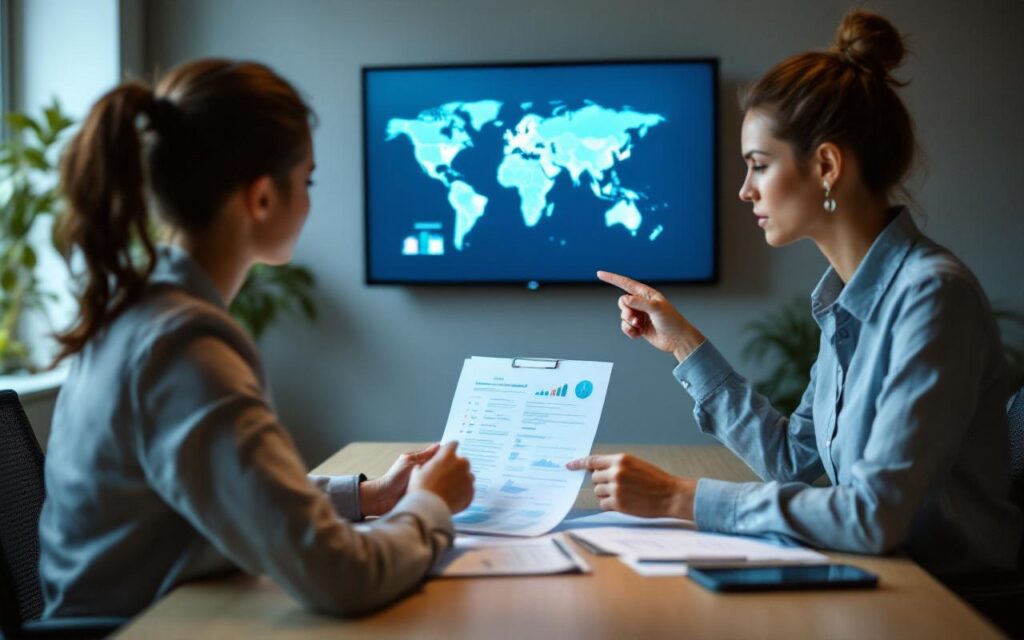 Réunion en entreprise : une femme gère une discussion avec un courtier, examine des dossiers d’assurance voyage d’affaires et observe une carte du monde sur un écran.