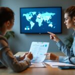 Réunion en entreprise : une femme gère une discussion avec un courtier, examine des dossiers d’assurance voyage d’affaires et observe une carte du monde sur un écran.