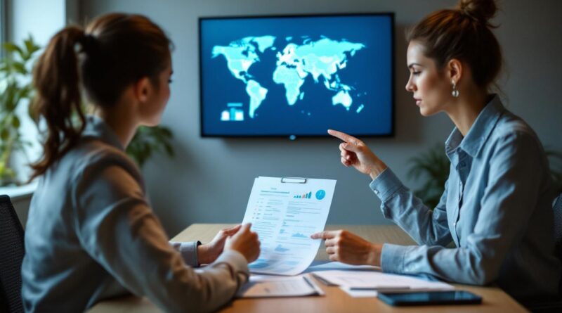 Réunion en entreprise : une femme gère une discussion avec un courtier, examine des dossiers d’assurance voyage d’affaires et observe une carte du monde sur un écran.