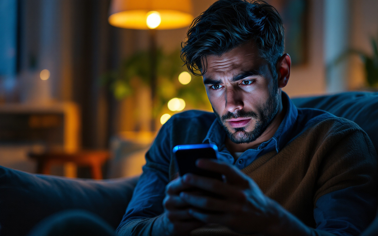Personne inquiète assise sur un canapé à la maison, regardant le journal des appels sur son téléphone avec une expression préoccupée, éclairage chaud ambiant et lueur bleue de l'écran.