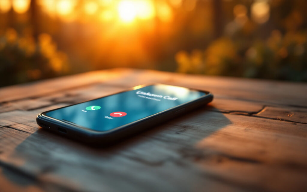 Un smartphone posé sur une table en bois sonne, l'écran affiche « Appel inconnu », lumière chaude de coucher de soleil avec rayons volumétriques, arrière-plan flou
