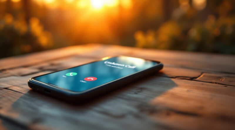 Un smartphone posé sur une table en bois sonne, l'écran affiche « Appel inconnu », lumière chaude de coucher de soleil avec rayons volumétriques, arrière-plan flou