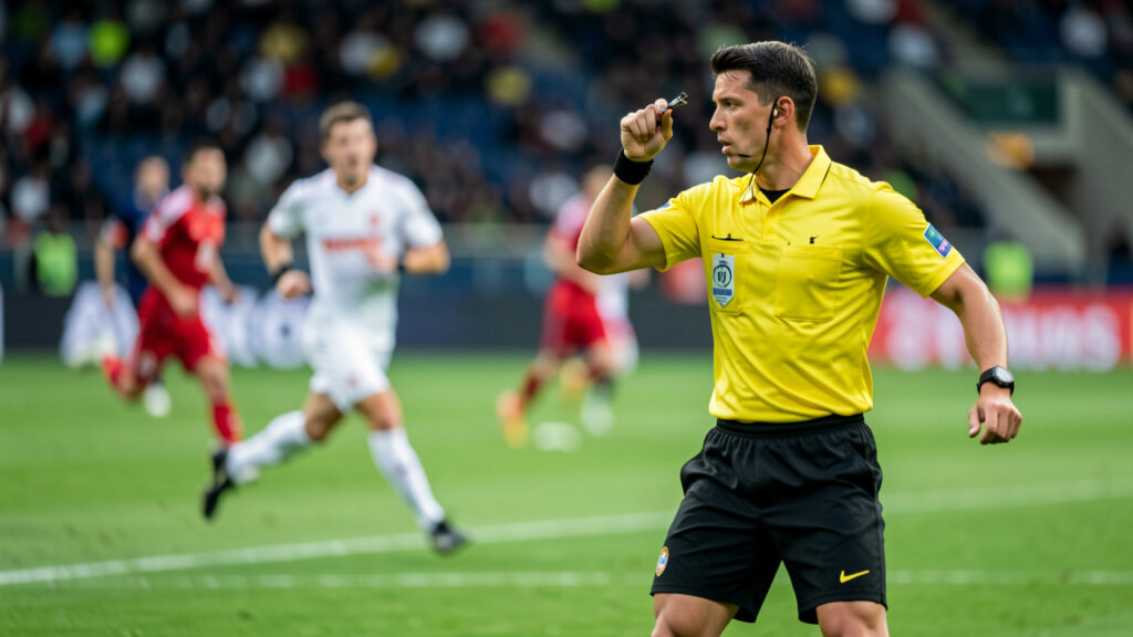 Un arbitre sportif observe attentivement une action dynamique sur un terrain de football pendant un match.