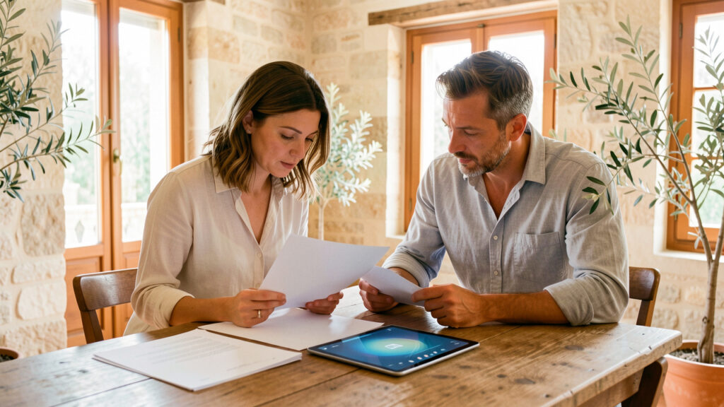 Un couple examine des documents immobiliers vierges et une tablette dans un appartement lumineux de Provence.