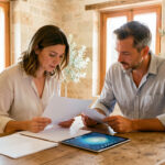 Un couple examine des documents immobiliers vierges et une tablette dans un appartement lumineux de Provence.