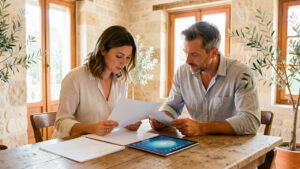Un couple examine des documents immobiliers vierges et une tablette dans un appartement lumineux de Provence.