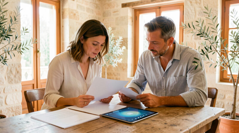 Un couple examine des documents immobiliers vierges et une tablette dans un appartement lumineux de Provence.