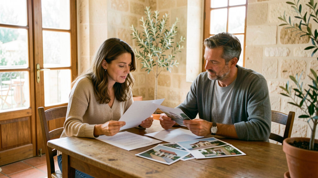 Un homme et une femme consultent des documents immobiliers vierges autour d’une table dans un appartement lumineux aux accents provençaux.