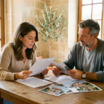 Comment savoir si c’est le moment d’acheter un bien : taux, prix, négociation ? Un homme et une femme consultent des documents immobiliers vierges autour d’une table dans un appartement lumineux aux accents provençaux.