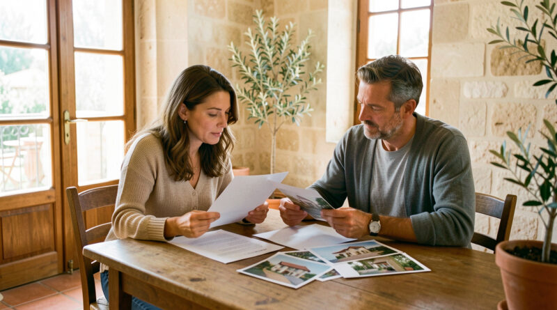 Un homme et une femme consultent des documents immobiliers vierges autour d’une table dans un appartement lumineux aux accents provençaux.