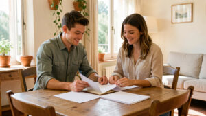 Un jeune homme et une jeune femme consultent un dossier locatif et des feuilles vierges sur une table dans un appartement lumineux de Provence-Alpes-Côte d’Azur.