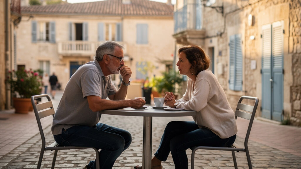 Un homme et une femme d’âge mûr discutent calmement autour de deux cafés sur une terrasse ensoleillée dans une ville de Provence-Alpes-Côte d’Azur.