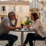 Comment choisir un site de rencontre sérieux en Provence-Alpes-Côte d’Azur ? Un homme et une femme d’âge mûr discutent calmement autour de deux cafés sur une terrasse ensoleillée dans une ville de Provence-Alpes-Côte d’Azur.
