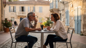 Un homme et une femme d’âge mûr discutent calmement autour de deux cafés sur une terrasse ensoleillée dans une ville de Provence-Alpes-Côte d’Azur.