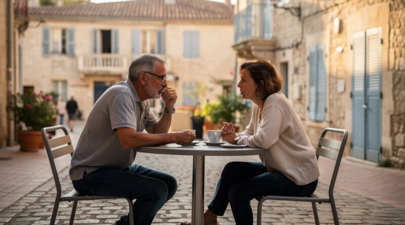 Un homme et une femme d’âge mûr discutent calmement autour de deux cafés sur une terrasse ensoleillée dans une ville de Provence-Alpes-Côte d’Azur.