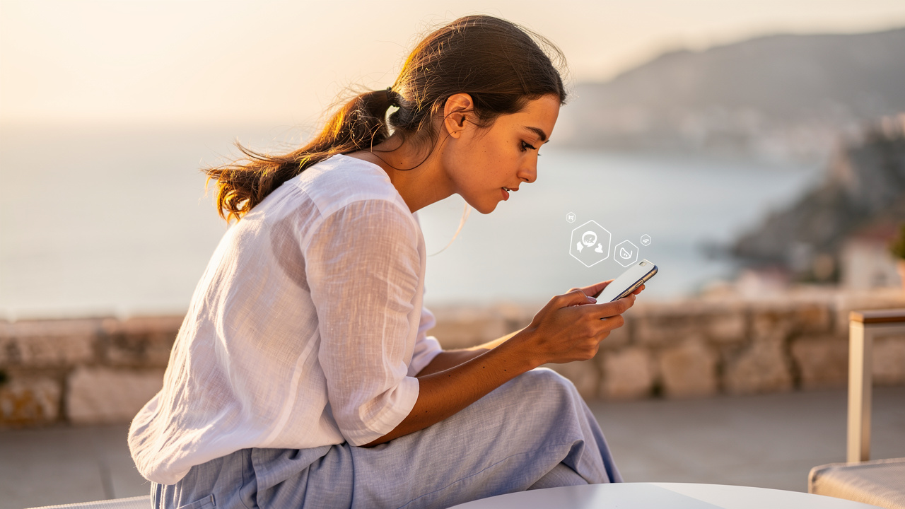Une jeune femme consulte un smartphone sur une terrasse ensoleillée face à un paysage côtier méditerranéen.