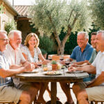 12 sorties PACA pour élargir son cercle social Groupe d’hommes et de femmes adultes souriants partageant un moment convivial sur une terrasse ensoleillée de Provence.