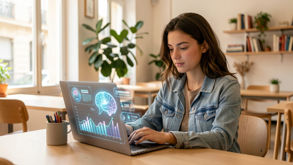 Jeune diplômée dans un espace de coworking lumineux à Marseille, consultant un ordinateur affichant une interface abstraite d’intelligence artificielle.