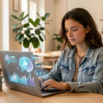 Jeune diplômée dans un espace de coworking lumineux à Marseille, consultant un ordinateur affichant une interface abstraite d’intelligence artificielle.