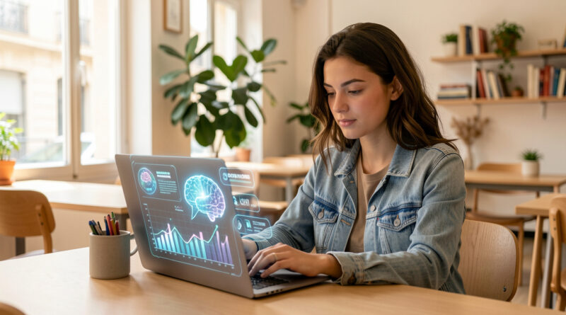Jeune diplômée dans un espace de coworking lumineux à Marseille, consultant un ordinateur affichant une interface abstraite d’intelligence artificielle.