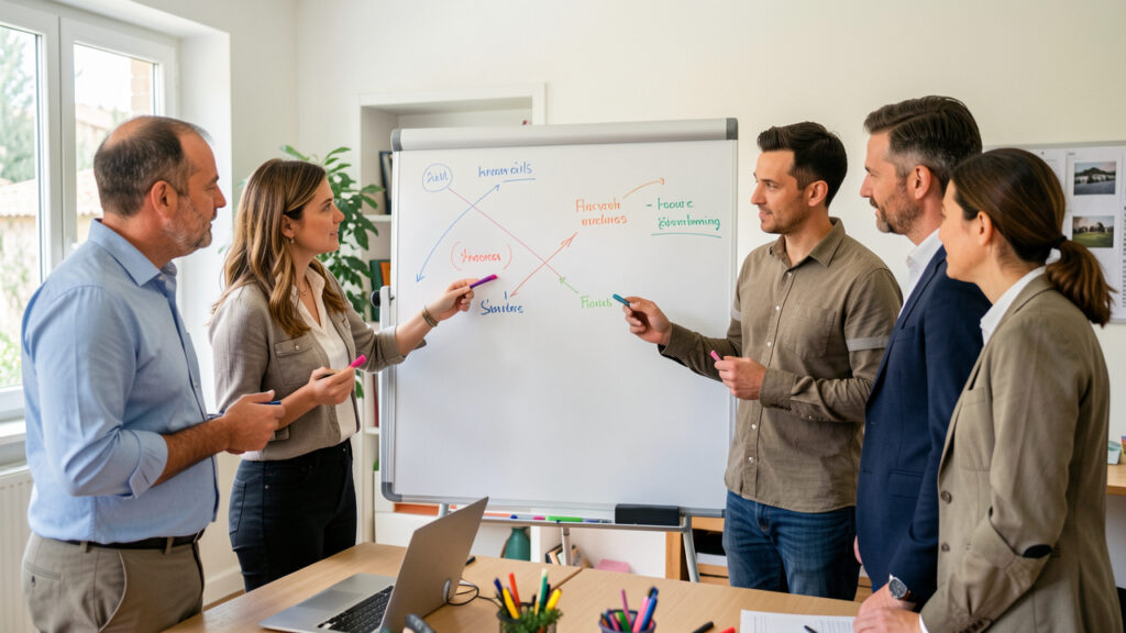 Réunion de formation continue dans une PME de Provence-Alpes-Côte d’Azur, avec des salariés et un manager réunis devant un tableau de compétences vierge dans un bureau lumineux.