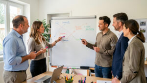 Réunion de formation continue dans une PME de Provence-Alpes-Côte d’Azur, avec des salariés et un manager réunis devant un tableau de compétences vierge dans un bureau lumineux.