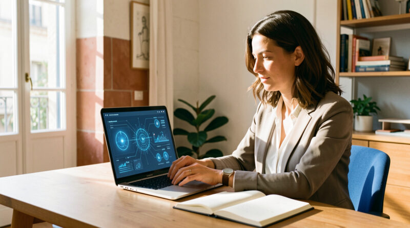 Une salariée en Provence travaille sur un ordinateur affichant une interface abstraite d’intelligence artificielle, avec un carnet de compétences ouvert dans un bureau lumineux aux accents marseillais.