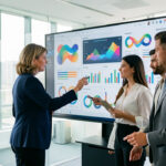 Pilotage de PME : les 7 priorités pour avancer avec méthode Une dirigeante échange avec trois membres de son équipe devant un tableau de bord numérique dans un bureau lumineux et moderne.