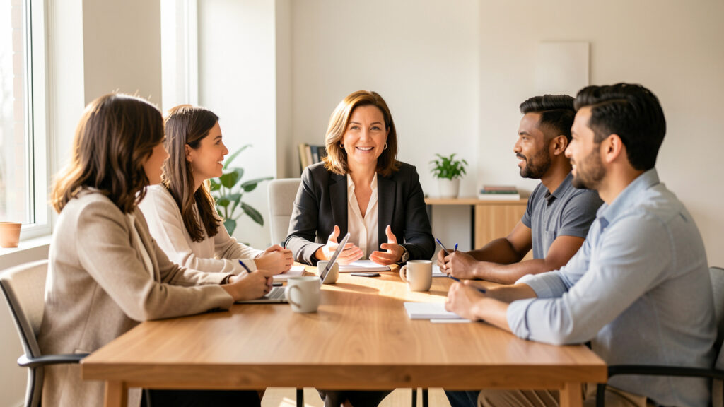 Une dirigeante de PME échange avec une équipe diversifiée autour d’une table dans un bureau moderne, dans une ambiance professionnelle et rassurante.