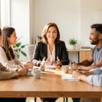 Une dirigeante de PME échange avec une équipe diversifiée autour d’une table dans un bureau moderne, dans une ambiance professionnelle et rassurante.