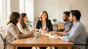 Une dirigeante de PME échange avec une équipe diversifiée autour d’une table dans un bureau moderne, dans une ambiance professionnelle et rassurante.