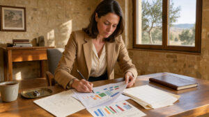 Une dirigeante de PME examine des graphiques financiers abstraits et des documents comptables vierges dans un bureau lumineux en Provence.
