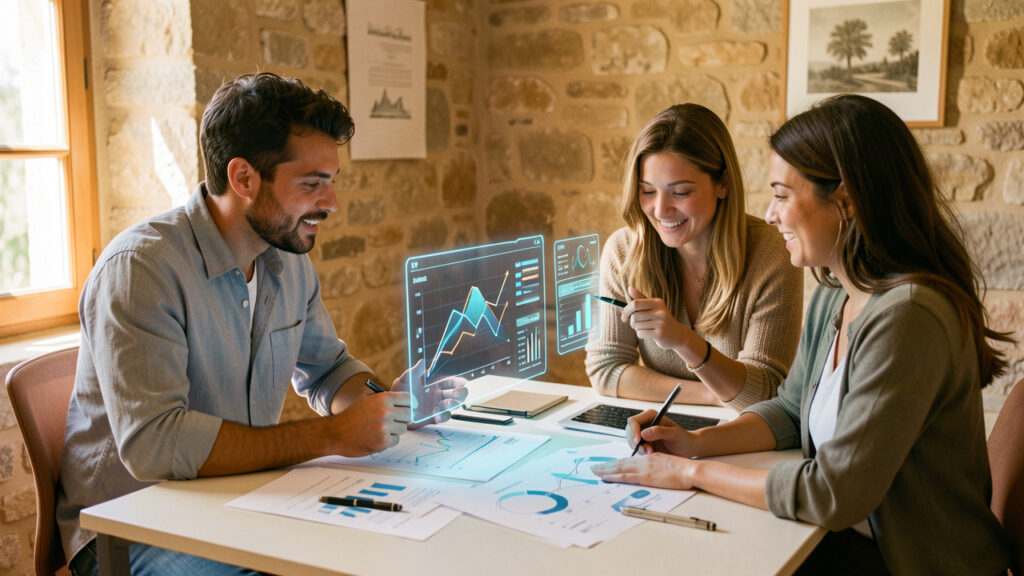 Équipe mixte de PME dans un bureau provençal, étudiant des graphiques historiques stylisés sur l’emploi et une interface d’intelligence artificielle dans une atmosphère professionnelle éclairée par la lumière naturelle.