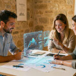 Équipe mixte de PME dans un bureau provençal, étudiant des graphiques historiques stylisés sur l’emploi et une interface d’intelligence artificielle dans une atmosphère professionnelle éclairée par la lumière naturelle.