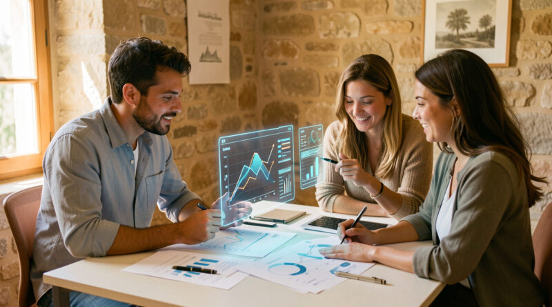 Équipe mixte de PME dans un bureau provençal, étudiant des graphiques historiques stylisés sur l’emploi et une interface d’intelligence artificielle dans une atmosphère professionnelle éclairée par la lumière naturelle.