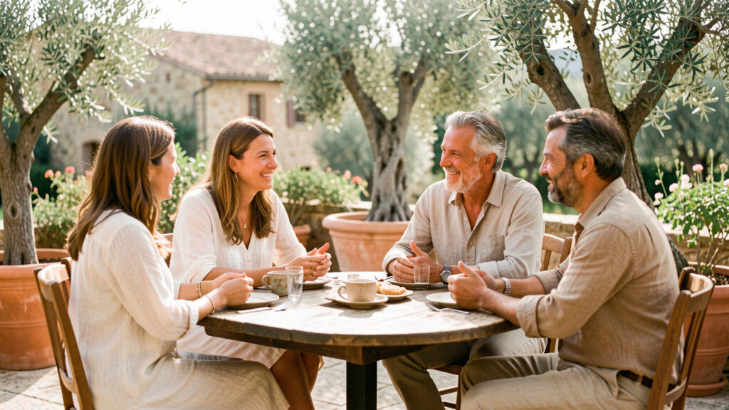 Groupe de deux femmes et deux hommes adultes échangeant chaleureusement autour d’une table sur une terrasse ensoleillée de Provence.