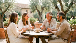 Groupe de deux femmes et deux hommes adultes échangeant chaleureusement autour d’une table sur une terrasse ensoleillée de Provence.