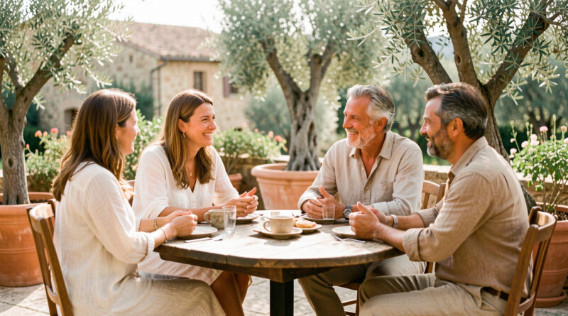 Groupe de deux femmes et deux hommes adultes échangeant chaleureusement autour d’une table sur une terrasse ensoleillée de Provence.