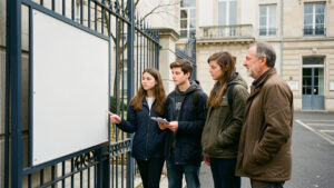Un petit groupe de lycéens et de parents observe un panneau administratif vierge près du portail d’un lycée français, dans une ambiance documentaire réaliste.