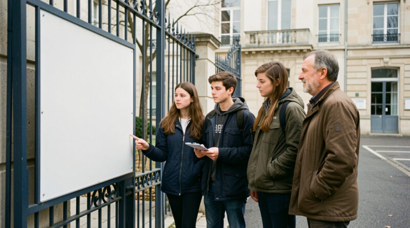 Un petit groupe de lycéens et de parents observe un panneau administratif vierge près du portail d’un lycée français, dans une ambiance documentaire réaliste.